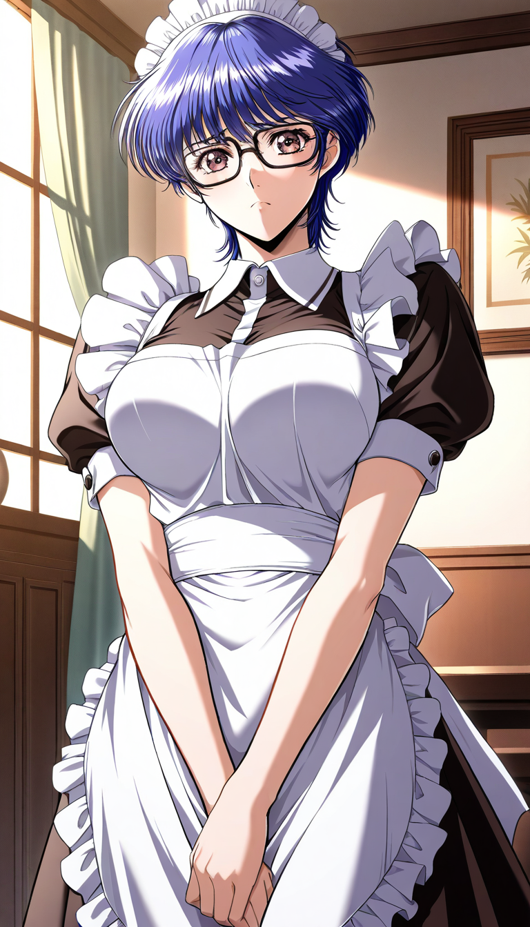 masterpiece, best quality, good quality, <lora:Kurata_arisu_IS:1>Kurata_arisu, blue hair, no glasses, 
short hair, large breasts,brown eyes, yokota mamoru style,
1girl, solo, maid, maid headdress, apron, short sleeves, looking at viewer, black-framed eyewear, maid apron, v arms, frown, enmaided, puffy sleeves, dress,
Western-style building in the room.