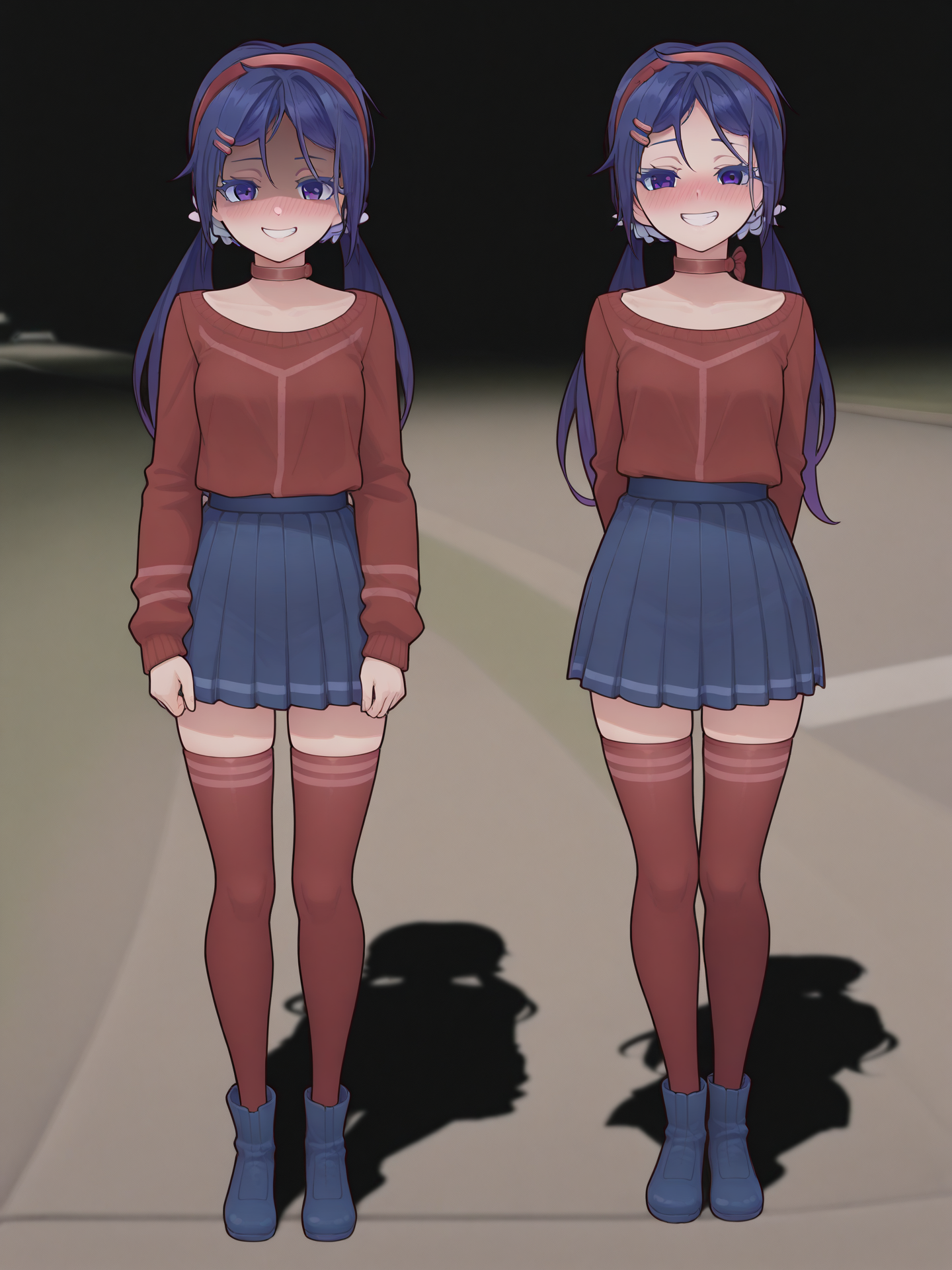 highres, hi res, best quality, masterpiece, 2d, intricate details, 4k, anime coloring, uncensored, shaded, shadow, countershading,
2girls, nose,eyelashes, nose, nose blush, grin, evil grin, yandere, long hair, bangs, blue eyes, hair ornament, twintails, blue hair, purple eyes, hairband, hairclip, parted bangs, red hairband, choker,
skirt, shirt, thighhighs, long sleeves, pleated skirt, blue skirt, zettai ryouiki, red shirt, blue footwear, red thighhighs, sweater,
standing, full body, outdoors, why dis ninja look so mad \(meme\), sisters, shaded face,
depth of field, black background, <lora:Madness_ILXL:1>, <lora:Mita_ILXL:1>