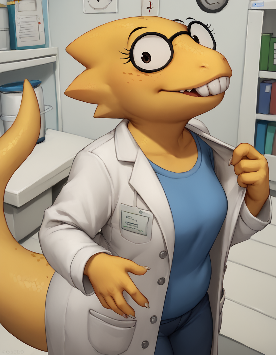zPDXL3,buckteeth,<lora:Alphys_Pony:0.8>,female,upper_teeth,lab coat,yellow body,shirt,tail,freckles,scalie,plump female,alphys,looking_at_viewer,alphys,, <lora:PDXL_artist_tags_v2_big:1>