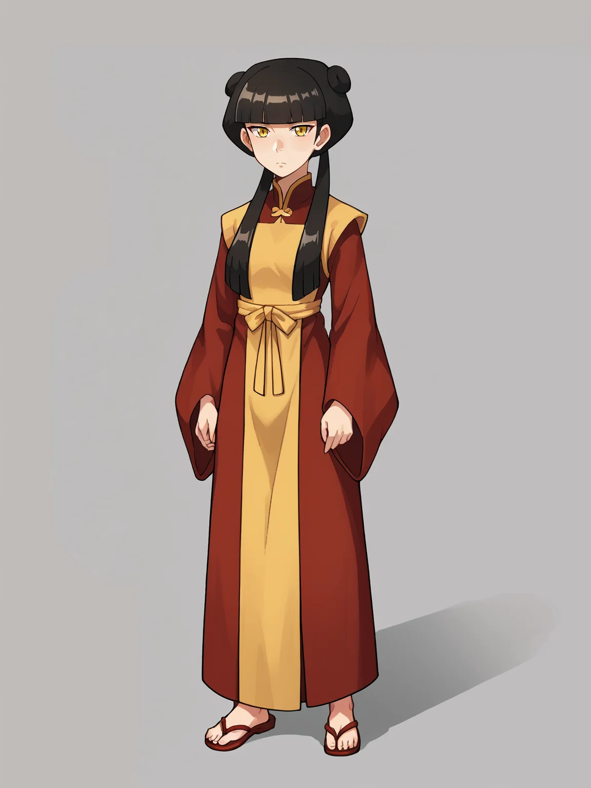 score_9, score_8_up, score_7_up, score_6_up, score_5_up, score_4_up, BREAK, source_cartoon, source_anime,
1girl, mai, black hair, long hair, blunt bangs, double hair bun, twintails, sidelocks, yellow eyes, long wide sleeves,
solo, full body, standing, looking at viewer, simple background <lora:MaiXL:1>