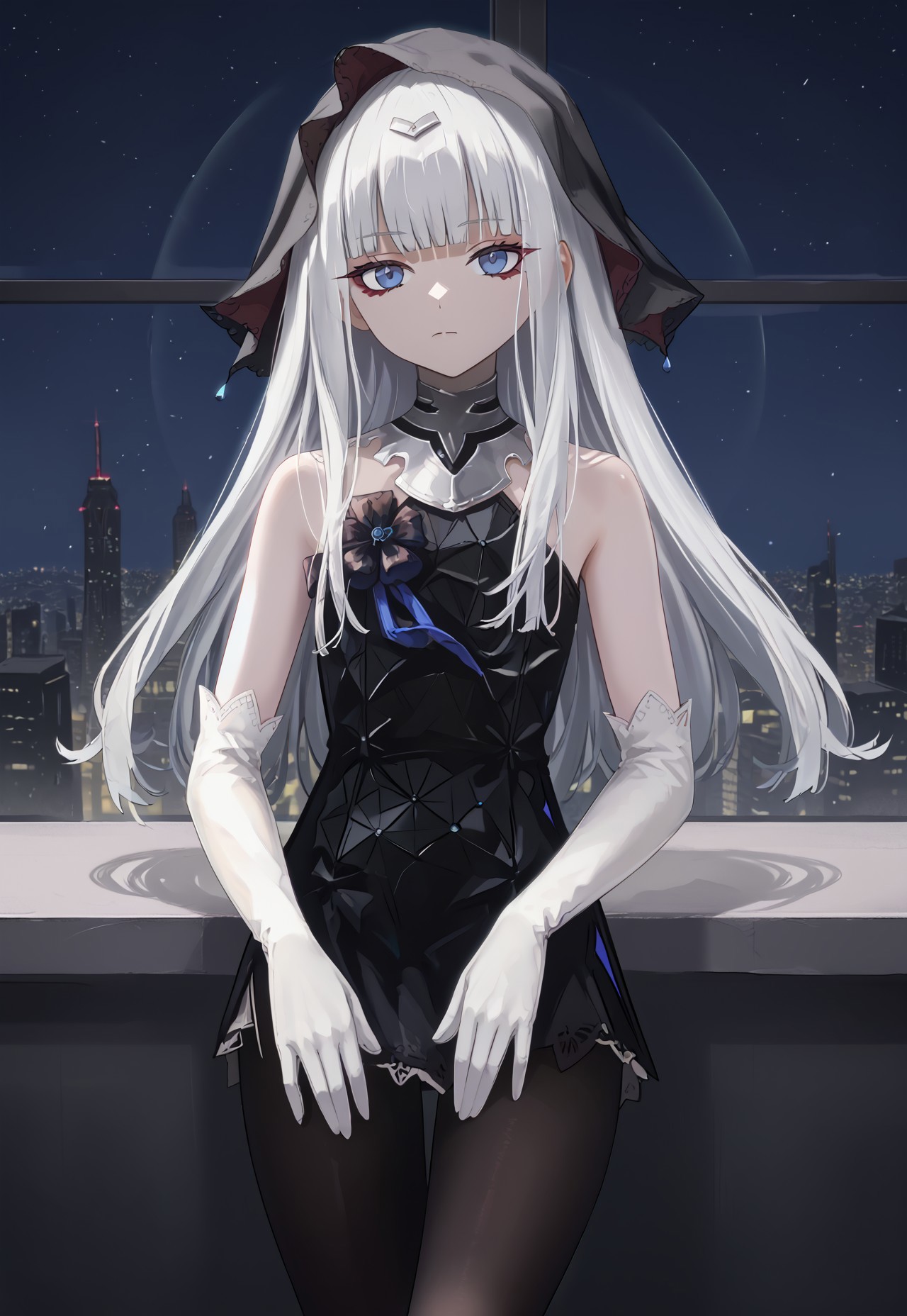 SanaAvernus, long hair, black dress, bangs, white gloves, bare shoulders, white hair, blue eyes, elbow gloves, veil, black pantyhose, sleeveless dress, blunt bangs, red eyeliner,

looking at viewer, head tilt, expressionless, closed mouth,

window, city, cityscape, dark, night, night sky,

1girl, solo, solo focus, highres, absurdres, light particles, shade, lens flare, shiny skin, fine fabric emphasis,
