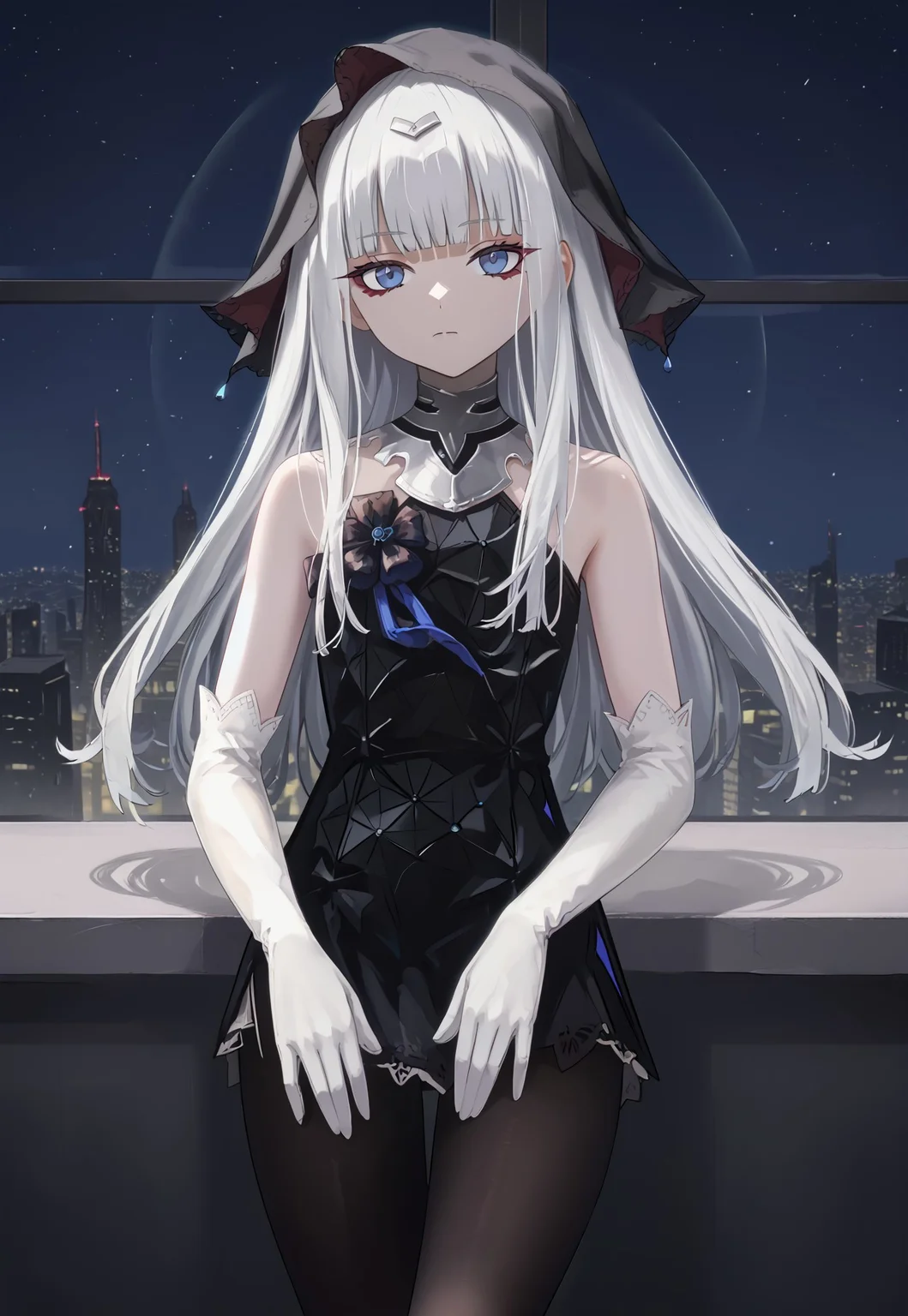 SanaAvernus, long hair, black dress, bangs, white gloves, bare shoulders, white hair, blue eyes, elbow gloves, veil, black pantyhose, sleeveless dress, blunt bangs, red eyeliner,

looking at viewer, head tilt, expressionless, closed mouth,

window, city, cityscape, dark, night, night sky,

1girl, solo, solo focus, highres, absurdres, light particles, shade, lens flare, shiny skin, fine fabric emphasis,