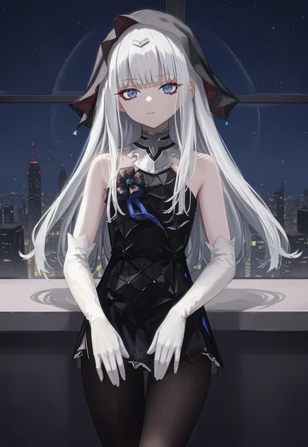 SanaAvernus, long hair, black dress, bangs, white gloves, bare shoulders, white hair, blue eyes, elbow gloves, veil, black pantyhose, sleeveless dress, blunt bangs, red eyeliner,

looking at viewer, head tilt, expressionless, closed mouth,

window, city, cityscape, dark, night, night sky,

1girl, solo, solo focus, highres, absurdres, light particles, shade, lens flare, shiny skin, fine fabric emphasis,