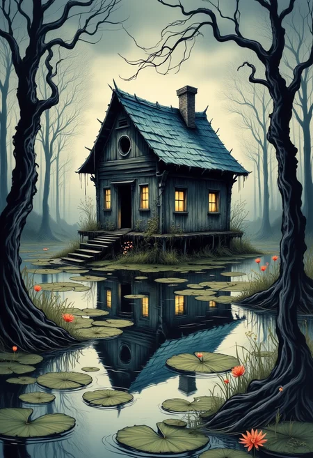 yfg-liqd, Eerie fantasy illustration with muted colors, depicting an old, small house with a blue roof and circular windows, set on a lily-covered pond, surrounded by tall, dark trees, overcast sky casting a gloomy shadow, reflection of the house perfectly mirrored in the still water, a few flowers blooming around, creating a hauntingly serene yet mysterious ambiance.