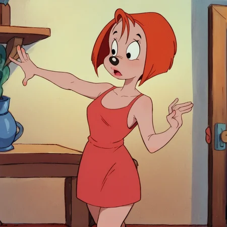 score_9, score_8_up, score_7_up, score_6_up, score_5_up, score_4_up, BREAK, <lora:Debbie_Dune:1>, debbie dune, 1girl, solo, wearing dress, orange hair, short hair, animal nose, black eyes, indoors, dynamic pose,