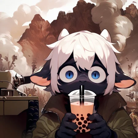 source_furry, score_9_up, score_8_up, score_7_up, mikus-concept, military action in background, exhausted, shocked, looks at viewer, holding, bubble tea, black body, black dragon, furry, white hair, white horns,