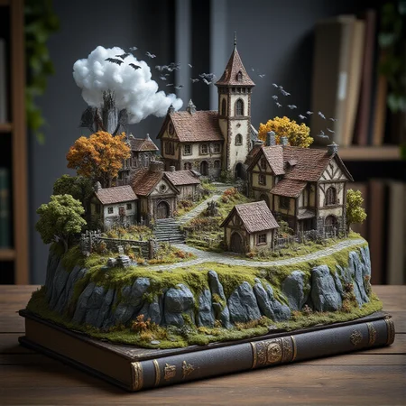 This is a miniature diorama that recreates a town lined with old buildings reminiscent of Medieval Europe, and a world where young, beautiful witches fly through the sky on broomsticks. It is placed next to a grimoire. Each roof and wall is carefully weathered, and professional lighting gives it an indistinguishable finish from the real thing.
<lora:Flux.1_Turbo_Detailer:0.7>, <lora:Diorama_Flux:0.9>