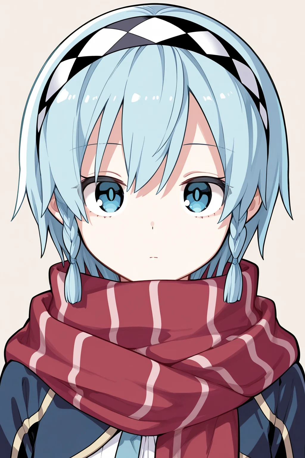 {{masterpiece,best quality,amazing quality}},
BREAK
1girl, solo, portrait, upper body, looking at viewer, simple background, blue hair, short hair, expressionless, twin braids, hairband, scarf, blue eyes
 <lora:Kishida_Koara_Style:1>