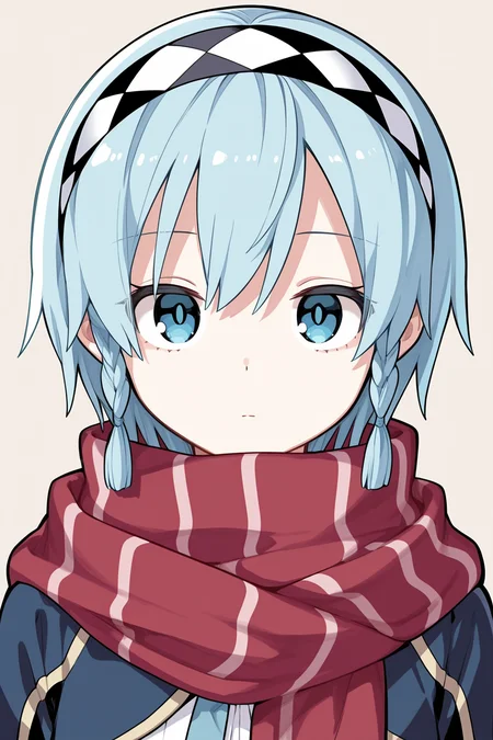 {{masterpiece,best quality,amazing quality}},
BREAK
1girl, solo, portrait, upper body, looking at viewer, simple background, blue hair, short hair, expressionless, twin braids, hairband, scarf, blue eyes
<lora:Kishida_Koara_Style:1>