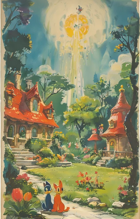 masterpiece,best quality,<lora:tbh285-sdxl:0.9>,illustration,style of Hanna-Barbera A bottle of perfume in garden