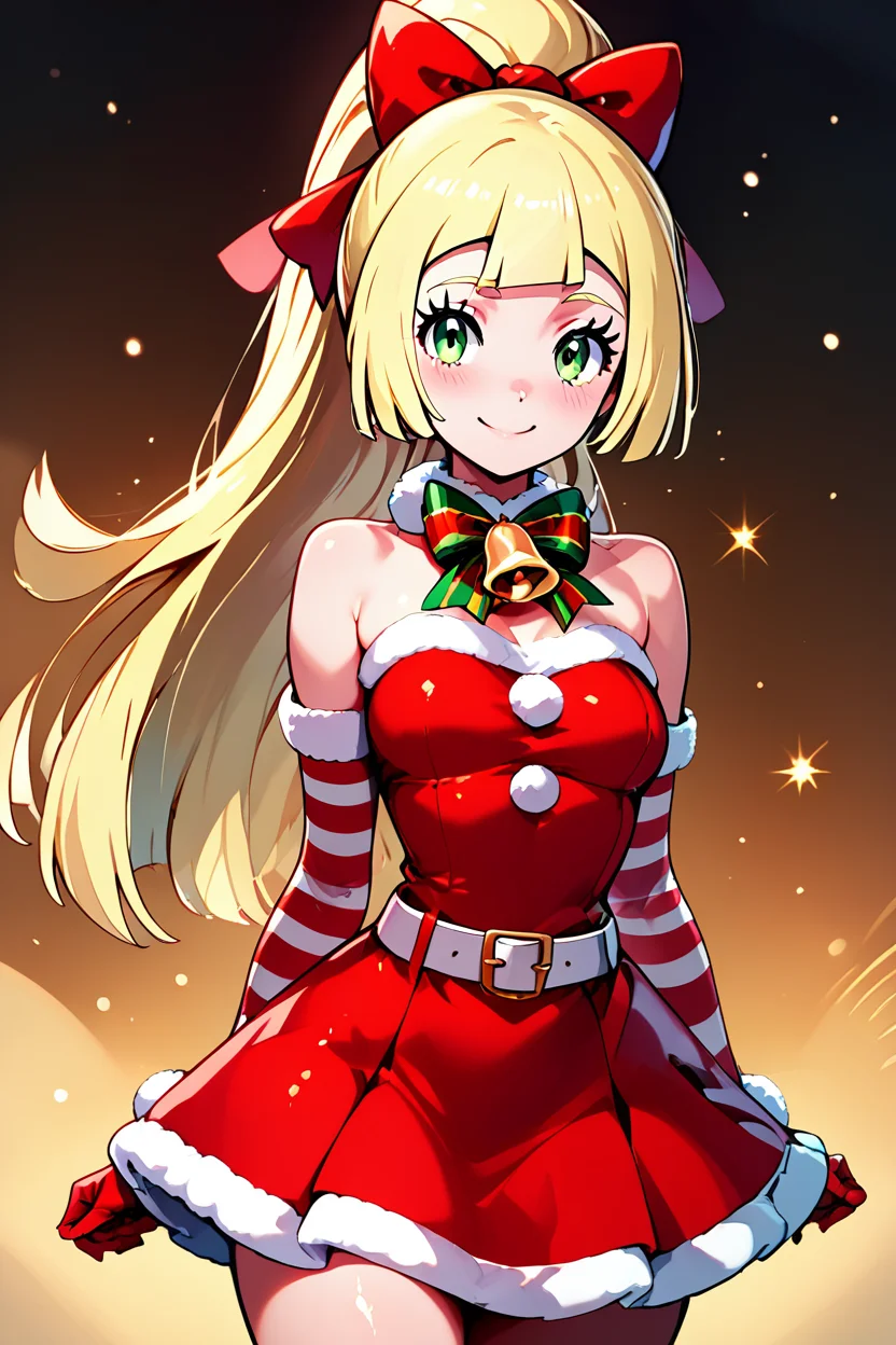 score_9, score_8_up, score_8, medium breasts, (curvy), cute, eyelashes,     ,,, , zzPLillie, green eyes, blonde hair, hair bow, long hair, ponytail, bow, christmas, dress, bare shoulders, bell, striped, red dress, neck bell, belt, <lora:PeppermintLilliePDXL:1.0>,  ,,,, BREAK, smile, looking at viewer, ,,, abstract background, white outline, cowboy shot, ,,, embedding:zPDXL, Expressiveh, ,,, <lora:CatalystStylePDXL:0.6>, <lora:SDXLFaeTastic2400:0.5>, <lora:Expressive_H-000001:0.4>,