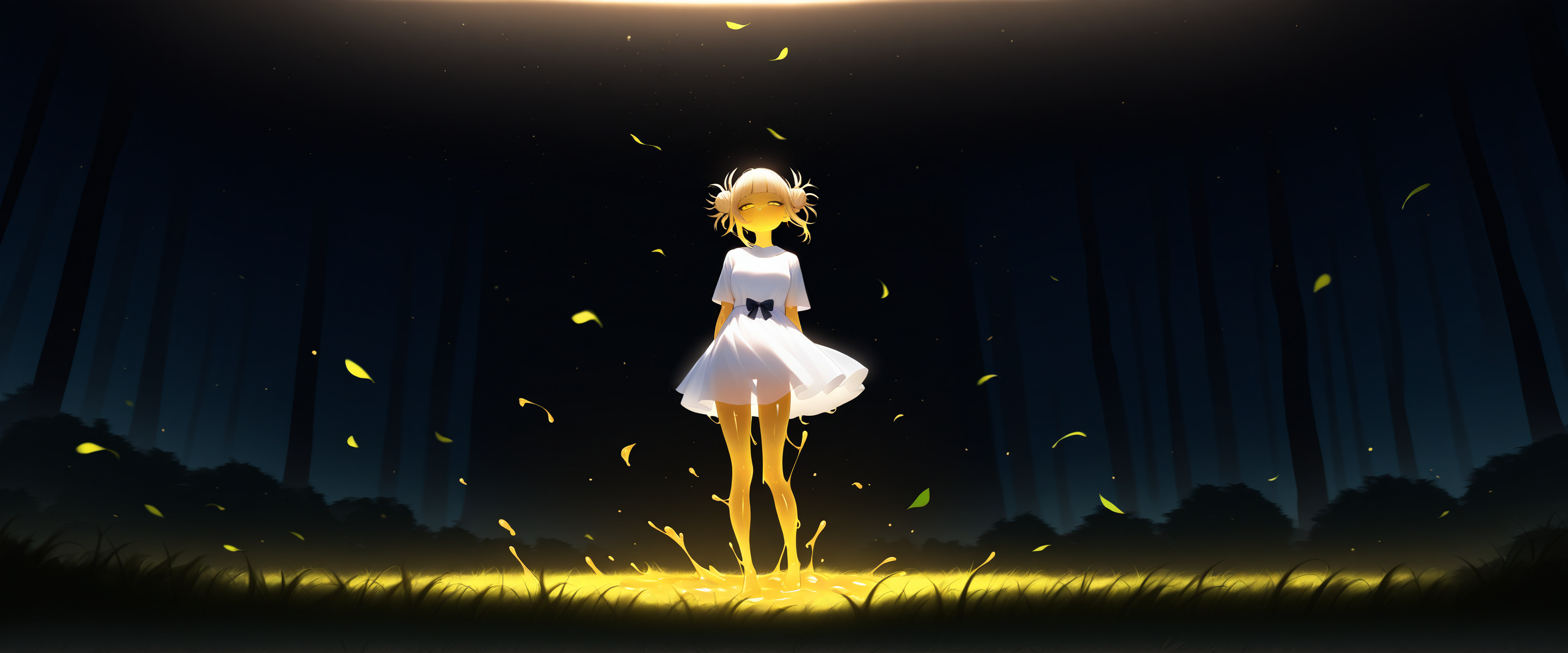 toga himiko, 1girl, blonde hair, blunt bangs, double bun, hair bun, short hair, yellow eyes, boku no hero academia, messy hair, slime girl, yellow skin, slime \(substance\), monster girl, translucent skin, see-through body, solo, glowing eyes,
white dress, black bow, dress bow, standing, legs apart, barefoot, feet, half-closed eyes, sad, dot mouth, forest, bush, grass, tree, falling leaves, dark, night, darkness, see-through silhouette, floating hair, melting, dissolving, fading, disintegration, leaning to the side,
by alens, <lora:average_enjoyer_bake_illustrious_v1-part2:1>, masterpiece, best quality, newest, absurdres, highres, extremely dark, black theme, silhouette, rim lighting, black, low contrast, backlighting