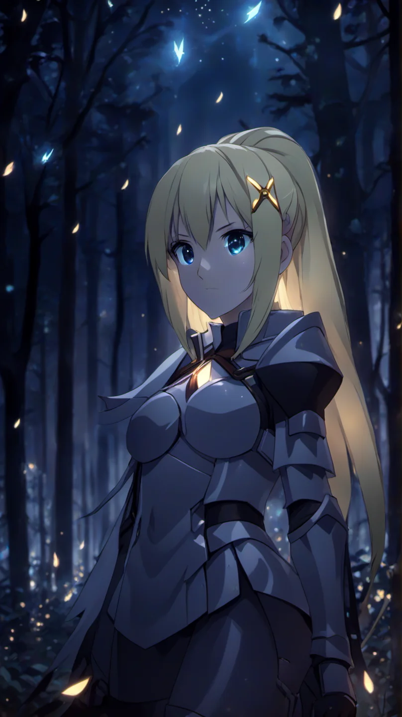 <lora:Darkness:1>
(DarknessKonosuba:1.9), DarknessKonosuba,
DarknessKonosuba wearing Armor,, <lora:Dark Fantasy:1>Dark Fantasy - dark forest of enchantment, magic, in midnight with fireflies around it