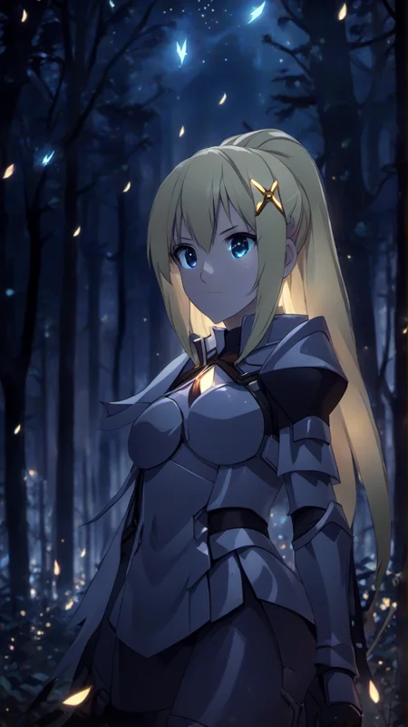 <lora:Darkness:1>
(DarknessKonosuba:1.9), DarknessKonosuba,
DarknessKonosuba wearing Armor,, <lora:Dark Fantasy:1>Dark Fantasy - dark forest of enchantment, magic, in midnight with fireflies around it