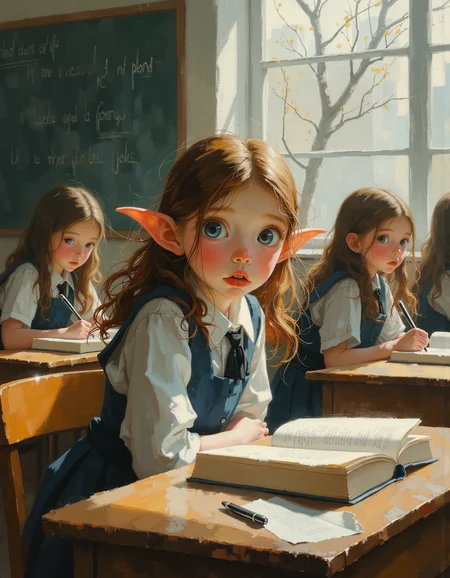 oil painting of a close up, A young English student, an young teen elf girl, with wide, astonished eyes and mouth slightly open in surprise, floats gently above her school desk in a bright, airy classroom. Her school uniformâwhite blouse, navy skirt, and black shoesâflows upward, reacting to the sudden defiance of gravity. Books, papers, and a pen are suspended mid-air around her, emphasizing the unexpected movement. The elf has delicate, angular features and luminous, almost ethereal white skin. Her large, almond-shaped eyes are a striking shade of silver-blue, framed by long lashes, and she has small pointed elf ears. She has sleek, waist-length hair, silken and dark auburn, cascading in gentle waves down her back. Her body is short, skinny, and petite. Sunlight streams through large windows, casting soft, golden light on her perplexed expression. Her fellow students look on in amazement, some reaching out as if to help, while others stare in awe. The classroom has classic wooden desks, an old-fashioned blackboard with English grammar notes scribbled in chalk, and shelves lined with literature classics. The scene captures a surreal, dreamy quality with soft lighting and slight motion blur on floating objects. Masterful painting, oil on canvas, Focus on the girl, shadow and light, Masterpiece, intricate lines, intriguing atmosphere, sharp magnificent details, delicate features, elaborate details, (2\3 rule composition:0.5), ultra detailed, romantic, Rembrandt lighting, brush stroke, lovely, del1cate_balance style, novuschroma, in the style of Rembrandt. vantablack <lora:style_of_Rembrandt_FLUX_135:.8> <lora:- Flux1 - vanta_black_V2.0:.4> <lora:Delicate_Balance:.3> <lora:neeeg_f1:-1> <lora:113_novuschromaFLX_1:.3> <lora:Midjourney_Whisper_Minimal:.3>