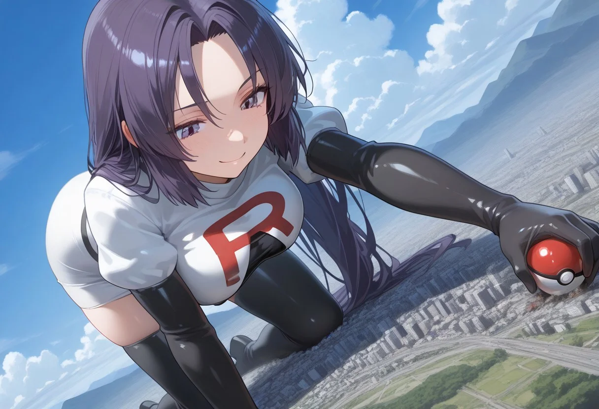 2d, masterpiece, best quality, amazing quality, highres, absurdres, newest, 1girl, solo, ,, from above, dutch angle, looking at viewer, day, sky, medium breasts,
Cosplay_TeamRocket, team rocket uniform, white jacket, cropped jacket, white skirt, elbow gloves, black thighhighs, zettai ryouiki,long hair,
,tall,adult,holding pokeball,smile,looking down,
giantess,building size,landscape,cloud, destruction city, On all fours