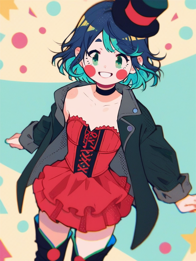 score_9, score_8_up, score_7_up, cute girl, big smile, expressive, open clothes, black top hat, skimpy clothes, short black coat, red corset, green eyes, swirled bangs, blue wavy short hair highlights, blue hair, thigh boots, mini red skirt, front hair swept to the side, green eyebrows, from above, circus clothes, looking at viewer, cowboy shot, smile, cute, wide shot, solo, dutch angle, detailed background, 
 <lora:ANemupan_style:1>, Nemupan, flat color,