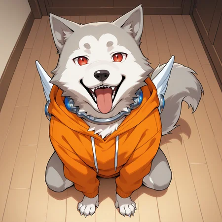 1boy, 2d, solo, P3Koro, male, canine, dog, feral, red eyes, white fur, black nose, gray fur, two tone fur, sharp teeth, tail, wings, claws, collar, orange hoodie
BREAK from above, looking at viewer, open mouth smile, tongue out, sitting, inside, indoors
BREAK best quality, amazing quality, very aesthetic, absurdres, newest, masterpiece, high quality,