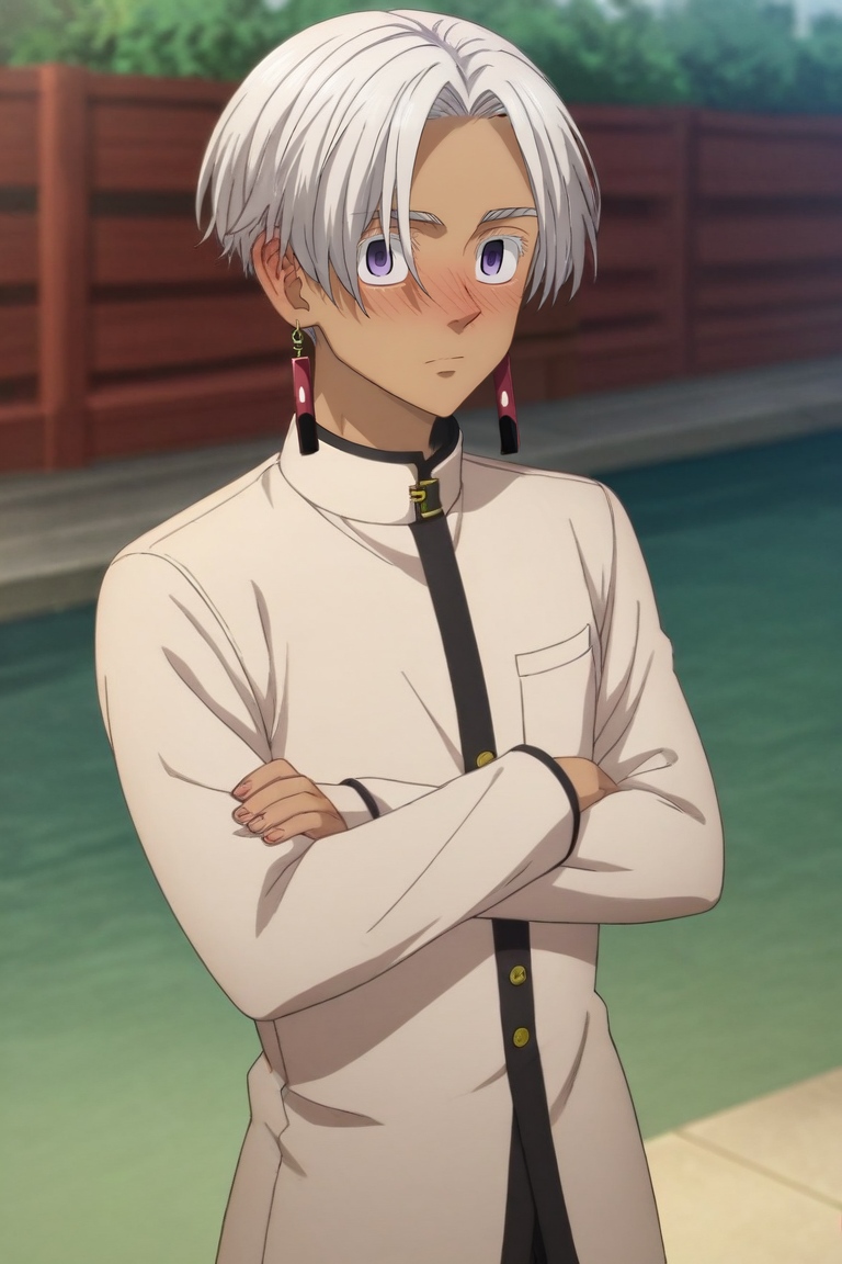 score_9, score_8_up, score_7_up, source_anime, rating_safe, intricate details, semi-realistic, looking at viewer, depth of field, 1boy, solo, male focus, <lora:izana_kurokawa_pony:0.94>, izana_kurokawa, white hair, purple eyes, short hair, , , wide angle, wide shot, cowboy shot, east asian architecture, noon, crossed arms, embarrassed, nose blush, , <lora:sdxl_lightning_8step_lora:1>