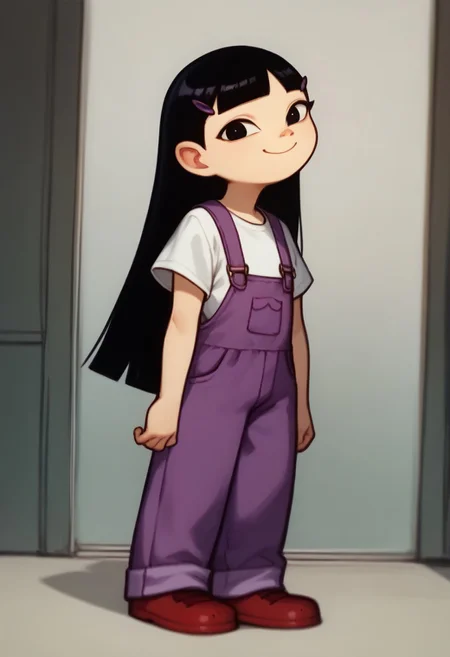score_9, score_8_up, score_7_up, KimPPG, 1girl, long black hair, blunt bangs, black eyes, purple hairclips, purple overalls, short-sleeve white shirt, short-sleeve white undershirt, red shoes, smiling at viewer, full body,