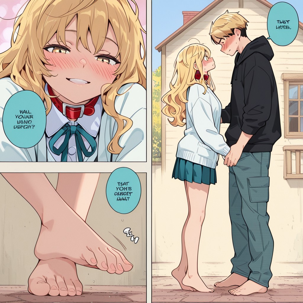 highres, ultra-detailed, illustration, colorful, masterpiece, extremely detailed, 8k, manga art style, multiple panels, (1girl, silver wavy hair, teal pleated skirt, oversized white cardigan, cute face), (1boy, sandy blonde messy hair, black hoodie), house, girl adjusts boy's collar, standing on toes, romantic, blush, soft lighting, absurdes