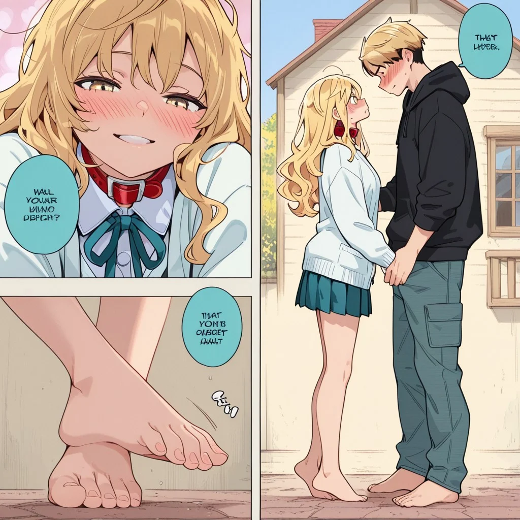 highres, ultra-detailed, illustration, colorful, masterpiece, extremely detailed, 8k, manga art style, multiple panels, (1girl, silver wavy hair, teal pleated skirt, oversized white cardigan, cute face), (1boy, sandy blonde messy hair, black hoodie), house, girl adjusts boy's collar, standing on toes, romantic, blush, soft lighting, absurdes