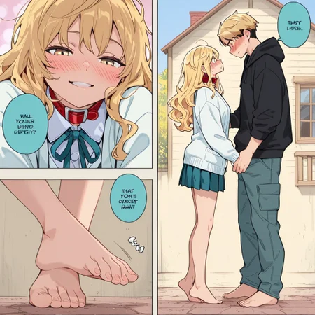 highres, ultra-detailed, illustration, colorful, masterpiece, extremely detailed, 8k, manga art style, multiple panels, (1girl, silver wavy hair, teal pleated skirt, oversized white cardigan, cute face), (1boy, sandy blonde messy hair, black hoodie), house, girl adjusts boy's collar, standing on toes, romantic, blush, soft lighting, absurdes