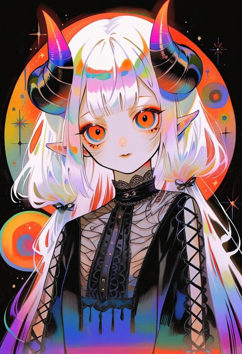 by tsubonari, by demizu posuka watercolor pale demon girl , prismatic coloring, holographic vibe, chromatic black lace blouse, gothic background, (long straight horns:1.2)