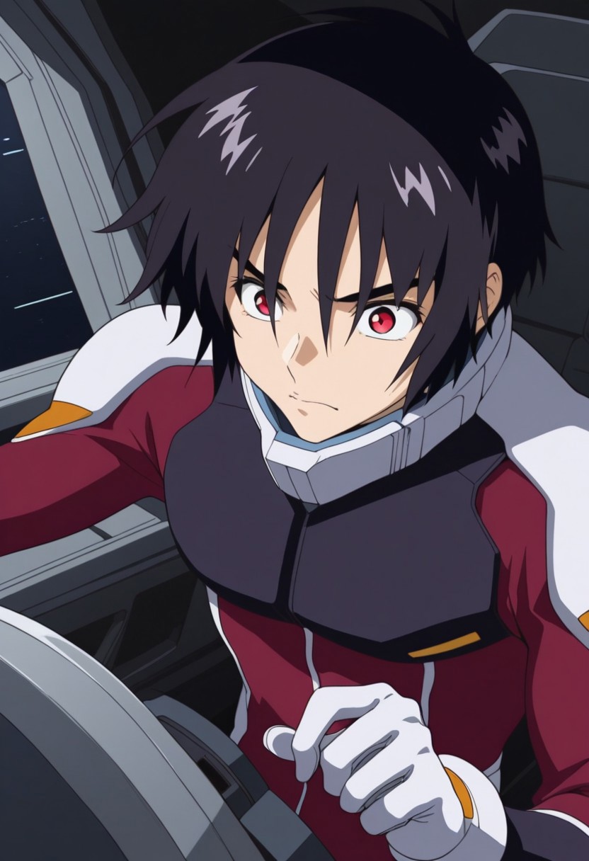 masterpiece,best quality,amazing quality, source_anime, 
ShinnAsuka, 1boy, male focus, solo, red eyes, black hair, pilot suit, multicolored clothes, red suit, black suit, white suit, gloves, white gloves, cockpit mecha,