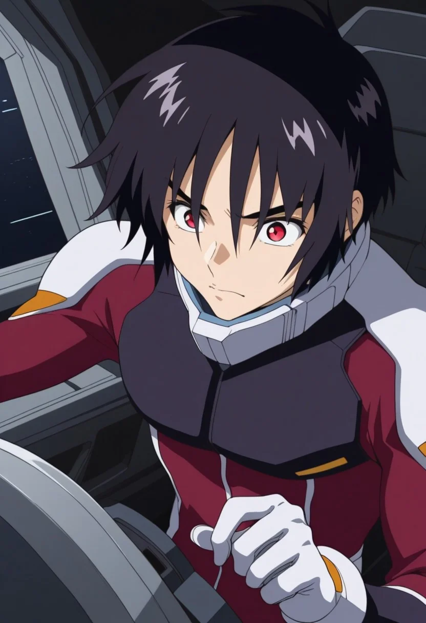 masterpiece,best quality,amazing quality, source_anime,
ShinnAsuka, 1boy, male focus, solo, red eyes, black hair, pilot suit, multicolored clothes, red suit, black suit, white suit, gloves, white gloves, cockpit mecha,