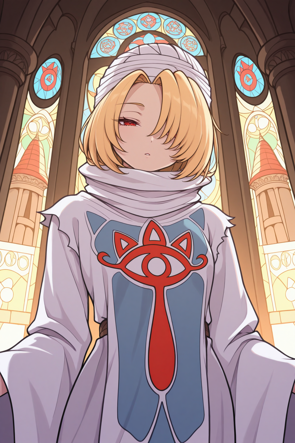 masterpiece, best quality, 1girl, solo, <lora:sheik-illu-nvwls-v1-000006:1> ootshk, blonde hair, hair over one eye, red eyes, turban, white robes, wide sleeves, looking at viewer, temple, stained glass, half-closed eyes