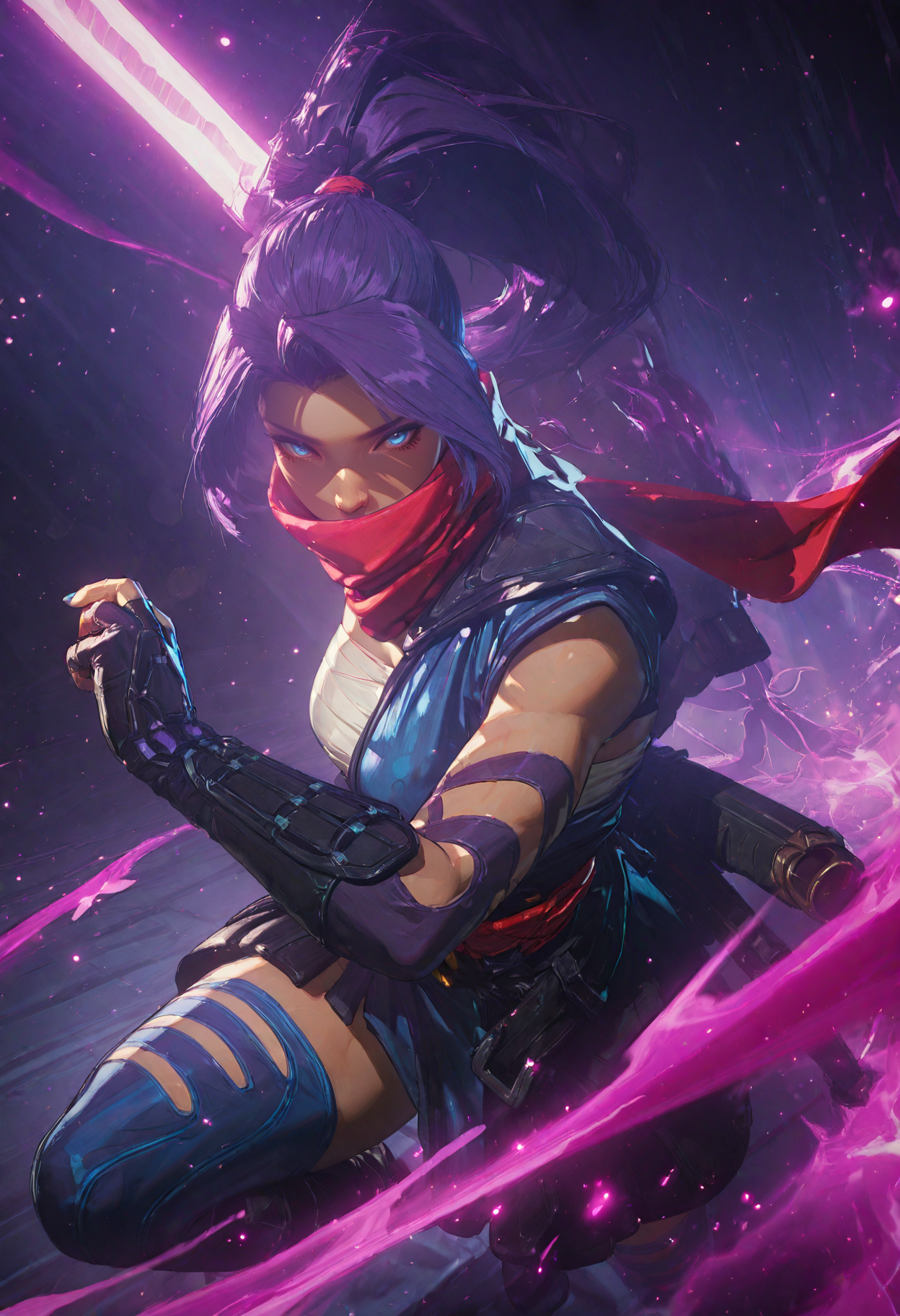 (EyesHD:1.2), (4k,8k,Ultra HD), western, masterpiece, best quality, ultra-detailed, very aesthetic, sharp focus, depth of field, ray tracing, best lighting, cinematic,, 1girl, solo, psylocke_mvr, blue eyes, purple hair, high ponytail, parted bangs, long hair, red scarf, scarf over mouth, japanese clothes, chest sarashi, kimono, sash, red belt, obi, single shoulder pad, fingerless gloves, arm guards, nail polish, blue nails, black footwear, blue thighhighs, 
BREAK, 
looking at viewer, face focus, close-up, fighting stance, action pose, actions scene, holding weapon, 
BREAK,, bokeh, luminescent background,, volumetric lighting, raytracing, film grain, (cinematic:1.3), <lora:Psylockev1_Illu_Dwnsty:1.0000000000000002> <lora:RealisticAnimeIXL_v2:0.45> <lora:Dramatic_Lighting_Slider:0.3>