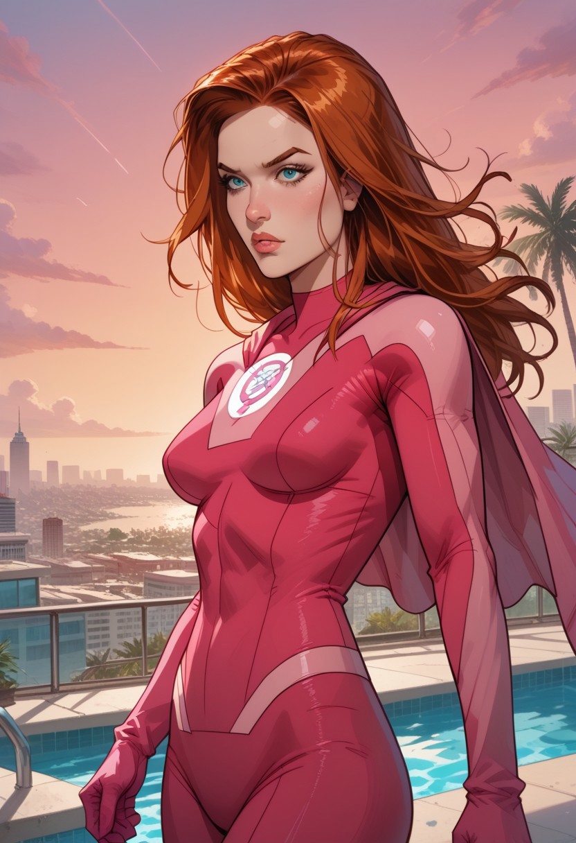 score_9, score_8_up, score_7_up, 
BREAK, 
1girl, solo, 1girl, ginger long hair, superhero suit , flying, from back, teardrop breasts, background swimming pool on top of a building, city, pink sunset, palm trees, large grand theft auto 6 symbol in the bottom, read description , Expressiveh , g0thicPXL, glowing, neon
