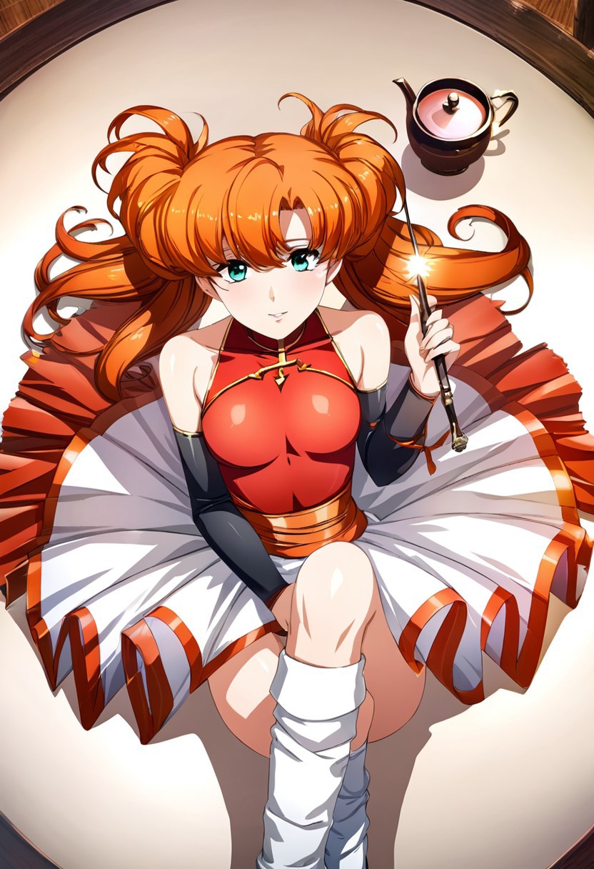 masterpiece,best quality,very aesthetic,absurdres,fantasy,solo,1girl,
<lora:tiaris_v1:1>,tiaris,t_clothes,wand,shiny hair,aqua eyes,red leotard,orange hair,detached sleeves,white mini skirt,white footwear,<lora:Fixhands_anime_bdsqlsz_V1:1>
 (tea table, holding teacup, tea pot), sitting, crossed legs, pov, from above,,masterpiece,best quality, very aesthetic, absurdres, ultra detailed, high resolution, 4k, extremely detailed CG,