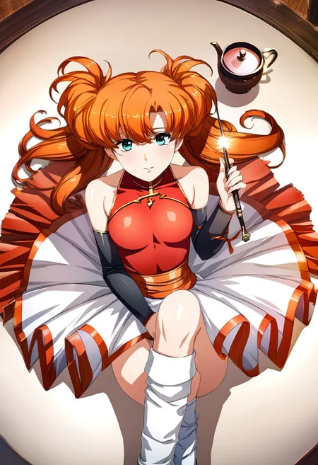 masterpiece,best quality,very aesthetic,absurdres,fantasy,solo,1girl,
<lora:tiaris_v1:1>,tiaris,t_clothes,wand,shiny hair,aqua eyes,red leotard,orange hair,detached sleeves,white mini skirt,white footwear,<lora:Fixhands_anime_bdsqlsz_V1:1>
(tea table, holding teacup, tea pot), sitting, crossed legs, pov, from above,,masterpiece,best quality, very aesthetic, absurdres, ultra detailed, high resolution, 4k, extremely detailed CG,