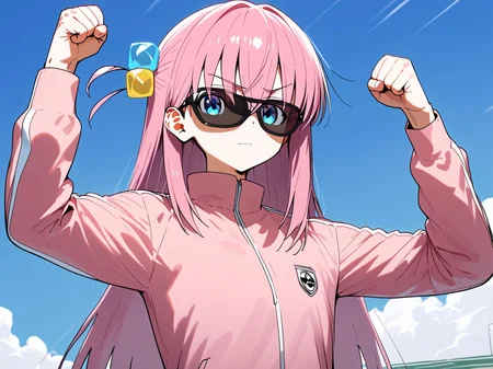 score_9,score_8_up,score_7_up,score_6_up,score_5_up,score_4_up,1boy,solo,<lora:Musclepose_Pony_V1.00:0.9>,musclepose,upper body,clenched hands,arms up,(sunglasses:1.3),closed mouth,<lora:hitori-gotou-s1-ponyxl-lora-nochekaiser:0.8>,hitori gotou,blue eyes,cube hair ornament,hair between eyes,hair ornament,pink hair,one side up,long hair,black skirt,jacket,long sleeves,pink jacket,track jacket,track pants,track suit,