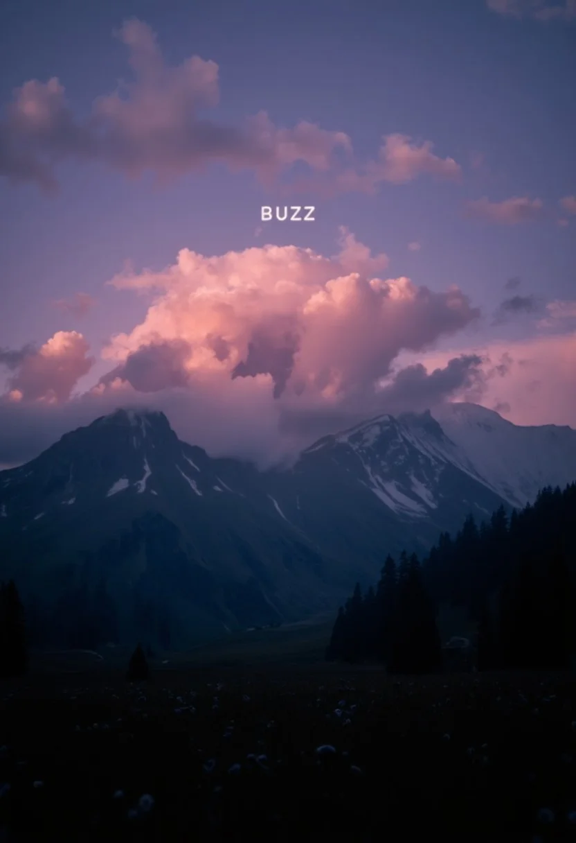 Dreamy Landscape By night, Long exposure mountains, translucent billowing clouds throwing a moody bleaked pink/orange sunlight, a cloud resembling the text "buzz"