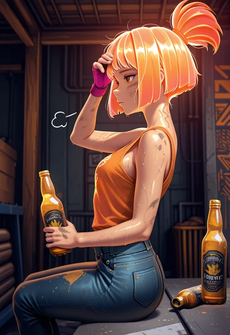 Graphic Design, color art, vibrant colors, colorful, intricate details, high contrast, detailed background, beautiful detailed, beautiful face, detailed eyes, detailed face, new, newest, 1girl, solo, s1mk4, orange hair, topknot, bob cut, orange eyes, tank top, jeans, fingerless glowes, dirty, cowboy shot, sitting, wiping forehead, tired, sigh, holding beer bottle, sweat, garage, from side, perspective, (masterpiece, best quality, newest, recent, absurdres),