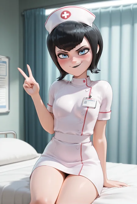 masterpiece, best quality, amazing quality, 1girl, m4v15dr4cul4, black hair, short hair, blue eyes, makeup, black lips, small breasts, nurse, nurse costume, hospital bed, sitting, smirk, blush, v, aesthetic