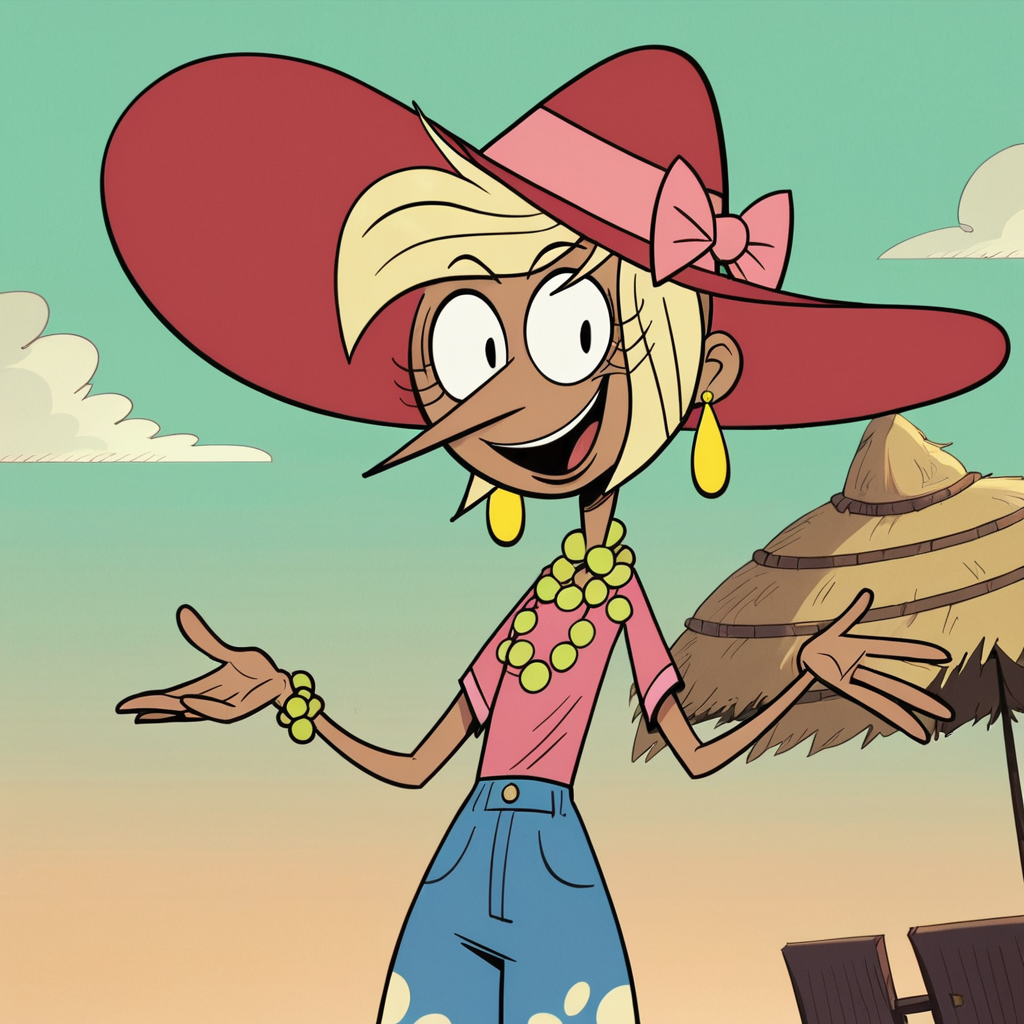 score_9, score_8_up, score_7_up, 1girl, Fifi, blonde hair, short hair, dark skin, hat, jewelry, earrings, necklace, flat chest, narrow waist, wide hips, looking at viewer, highres, high quality, masterpiece, <lora:Fifi_Dufus:0.8>