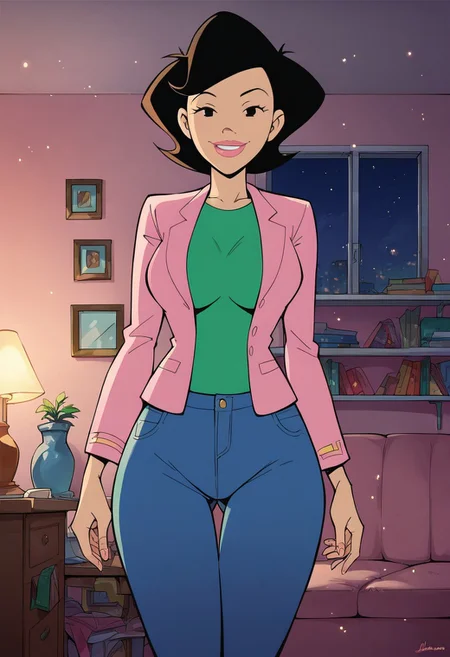 score_9, score_8_up, score_7_up, score_6_up, score_7_up, source_cartoon,BREAK, 1girl, susanlongv1, looking at viewer, pink lips, smile, black hair, black eyes, mature female, large breasts, curvy, squinting, green shirt,pink blazer,blue jeans, in the livingroom,evening, volumetric lighting, light particles