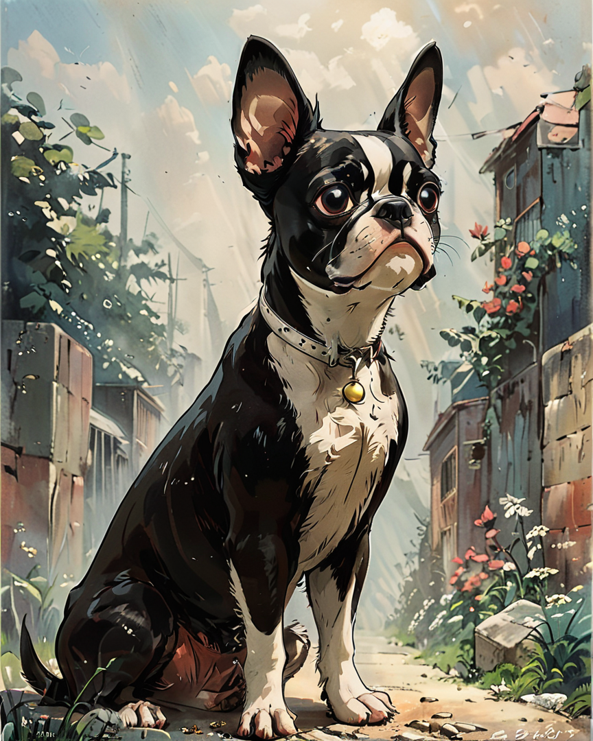 Boston Terrier, it is Astonishing, Hazy conditions, Proud, concept art, L USM, sfumato, <lora:Vintage_Anime:1>