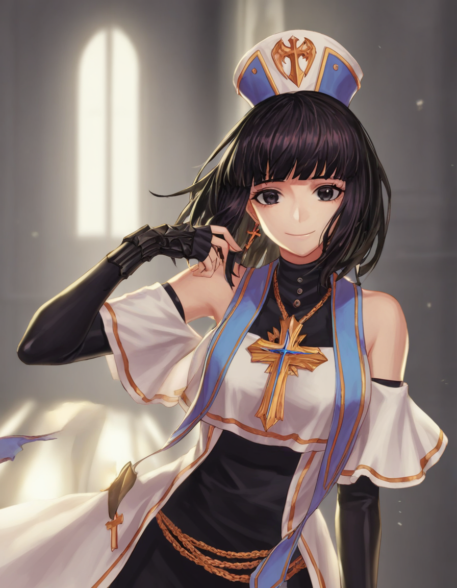 masterpiece,best quality,1girl,upper body,breasts,black eyes,looking at viewer,closed mouth,smile,indoors,<lora:nmpix___simulate:0.8:LBW=KEEPCHAR>,yjnaima1,hat,MEDIUM hair,messy hair,black hair,bangs,blunt bangs,jewelry,earrings,cross,breasts,dress,black skirt,pencil skirt,WHITE coat,black gloves,fingerless gloves,elbow gloves,detached sleeves,short sleeves,bare shoulders,