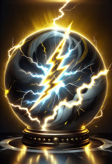glowinglora, masterpiece, best quality, detailed illustration, (brighten the front:1.0), a large beautiful transparent marble, (yellow lightning symbol:1.4) inside the marble, glowing with power
