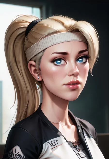 score_9, score_8_up, score_7_up, score_6_up, PRSNL_3_1, uncensored, pupils black dots, lips,
upper body, best quality, masterpiece, 4k, realistic, warm light,
MKSonya, 1girl, blonde hair, ponytail, blue eyes, long hair