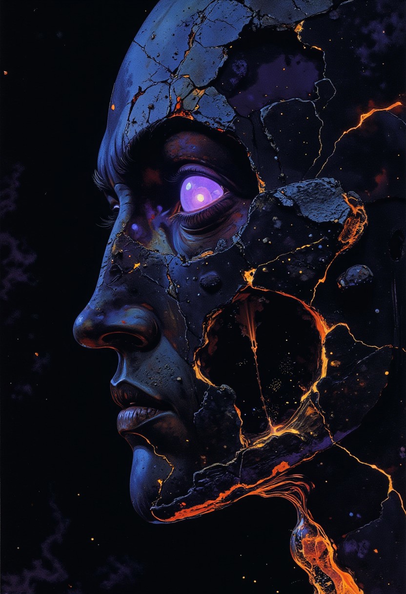 A **surreal digital painting** of a **hyper-detailed close-up portrait** featuring a human face with **smooth, hyper-realistic obsidian-black ceramic skin**, fractured by jagged, intricate **cracks revealing molten violet magma** glowing beneath the surface. The ceramic exterior is **deep midnight blue with hints of iridescent purple**, polished to perfection yet visibly brittle, with **fragmented edges where embers of electric blue fire** flicker at the tips, radiating an eerie glow. From the **eye socket**, luminescent **violet magma** drips slowly, pulsing with otherworldly energy against the **glossy black ceramic**, creating an intense contrast between the smoldering heat within and the cold, obsidian-like exterior. The **cracks shimmer with ethereal violet hues**, as if surging with hidden power, while the surrounding **molten fissures cast a hypnotic glow onto the sculpted skin**, heightening the scene’s surreal intensity. The atmosphere hums with tension, with **embers suspended mid-air**, frozen in the moment of imminent eruption. **Harsh, ultraviolet lighting from below and the side** casts deep, angular shadows, sculpting the face into an enigmatic, **statue-like presence**. The interplay between **blazing violet magma and the cosmic coolness of the ceramic** creates a dramatic contrast, capturing a **moment of silent, impending rupture**, where pressure threatens to break through, yet the expression remains eerily composed.