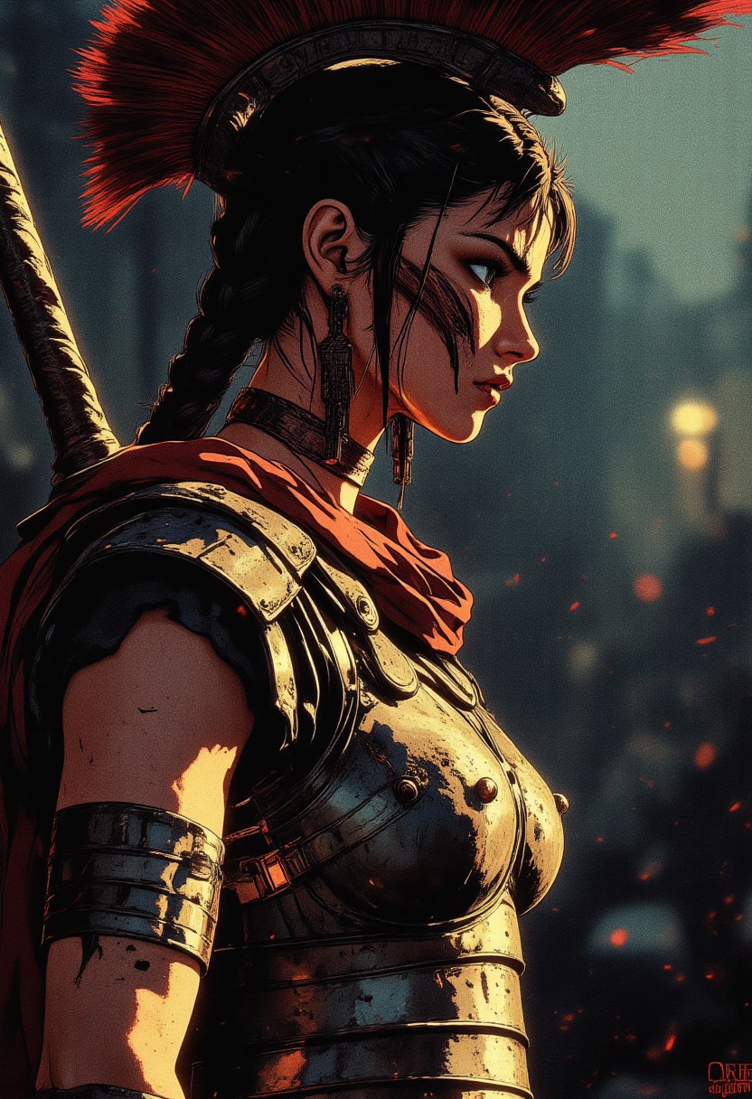 Female Roman soldier, war paint, face paint, eye black, glowing eyes, in profile, toned arms, braided hair, battle damaged armor, large breasts, breast plate, dark and moody background, adds a dramatic tone, subtle lighting reflections, ray traced, foreshortening, particle effect, Holding a sword,