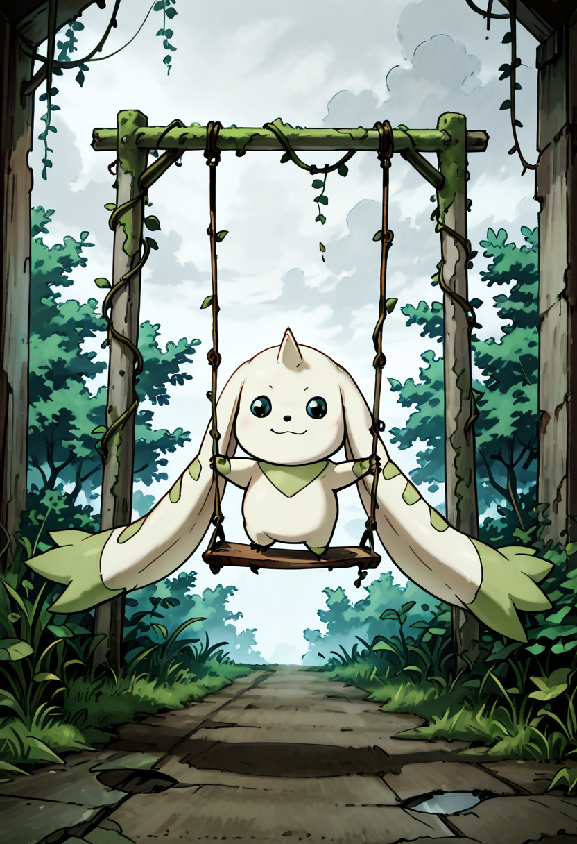 masterpiece, best quality, no humans,     zzTerriermon,  broken swing, vines, abandoned place, melancholy, moss, cracked pavement, nature reclaiming, overcast, tilt-head An old swing creaks in the wind as zzTerriermon explores a forgotten playground wrapped in vines. Grass bursts through cracked pavement.  smile,     ,<lora:TerriermonDigimon_IXL:1.0>,