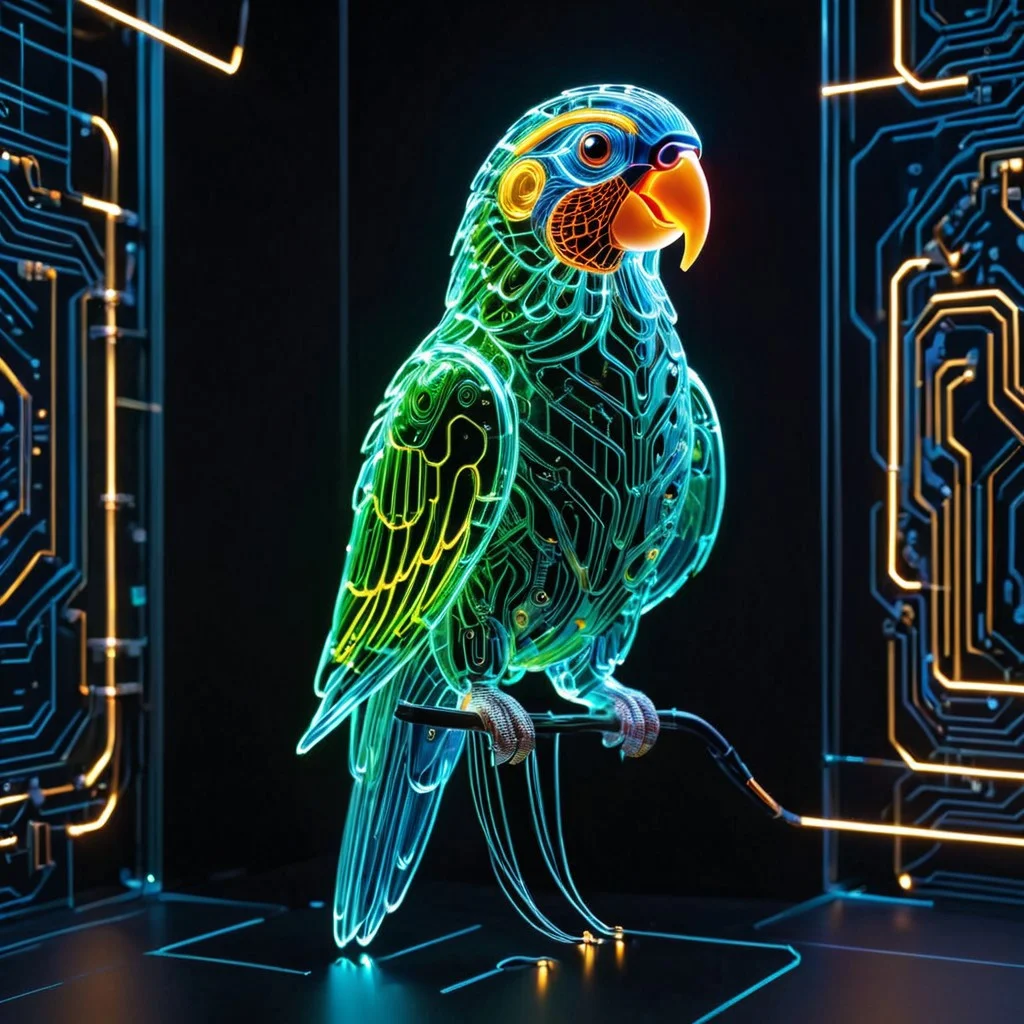 holotech parrot, made of glass, colorful, ultra detailed, circuits, glowing