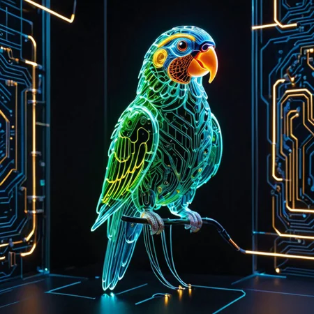 holotech parrot, made of glass, colorful, ultra detailed, circuits, glowing